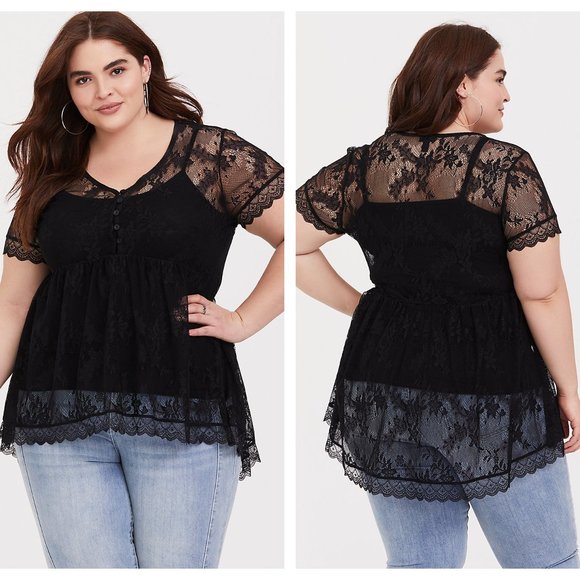 torrid Tops - Torrid Black Lace Button-Up Babydoll Top Black 3X